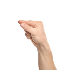 Man showing G letter on white background, closeup. Sign language
