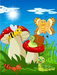 Cartoon funny insects with mushroom
