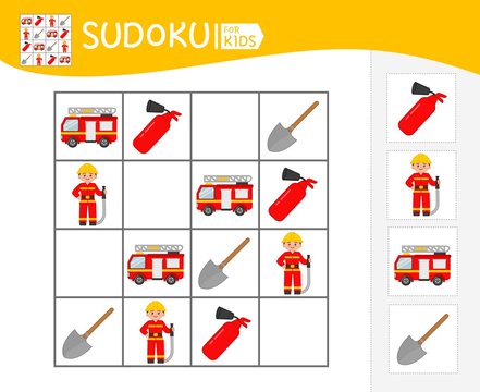 Sudoku game for children with pictures. Kids activity sheet. Cartoon fire engine and fireman.