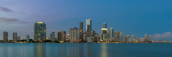Fototapeta na wymiar Panoramic cityscape of the Miami skyline at night from Miami, Florida