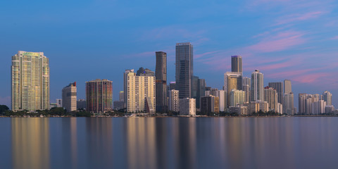 Fototapeta na wymiar Panoramic cityscape of the Miami skyline at twilight from Miami, Florida