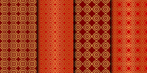 Set of Seamless Pattern With Abstract Geometric Style. Repeating Sample Figure And Line. Vector illustration. red gold color.