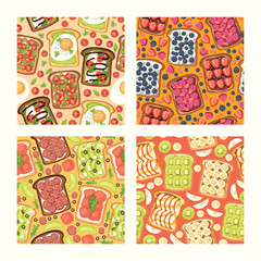 Toast vector seamless pattern sandwich healthy toasted food with bread vegetables and fruits or egg snack for breakfast illustration backdrop with sliced tomato and cut sausages background