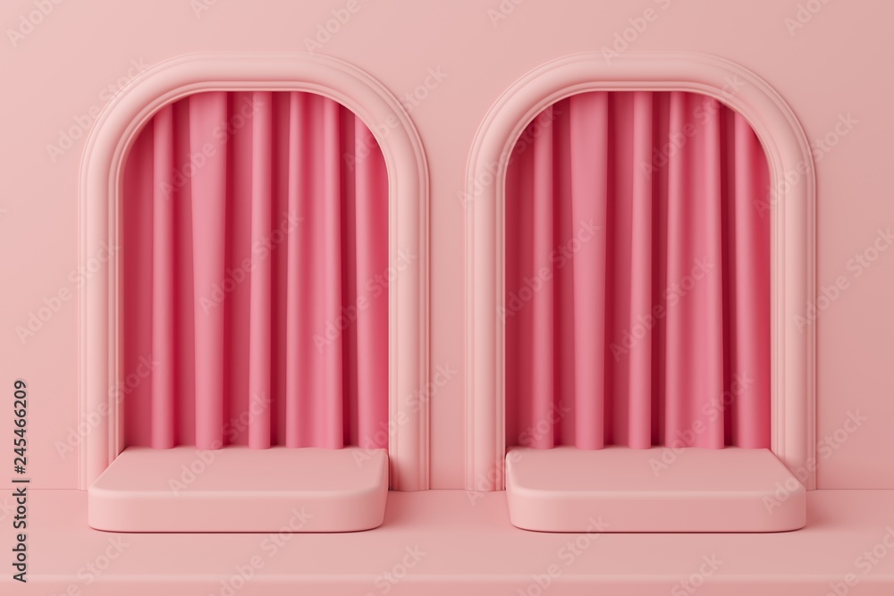 Poster minimal concept pink color podium with curtain for product. 3d rendering