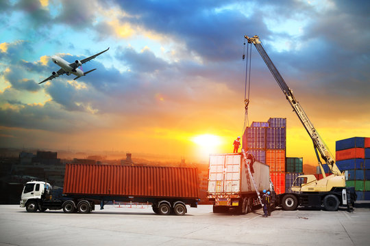 Transportation, import-export, commercial logistic, shipping business industry, container truck, ship in port and freight cargo plane