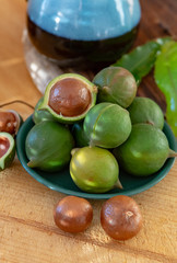 New harvest of ripe fresh Australian macadamia nuts in shell with leaves