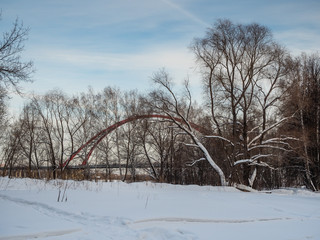 View of the Bugrinsky Bridge from the bank of the Ob River in Novosibirsk, Russia