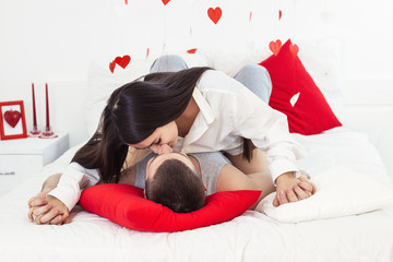 Valentines day breakfast coffee surprise white bed lovely caucasian couple celebration red heart