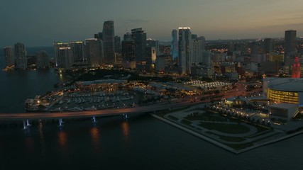 Aerial night view Bayside Marketplace Miami Florida USA