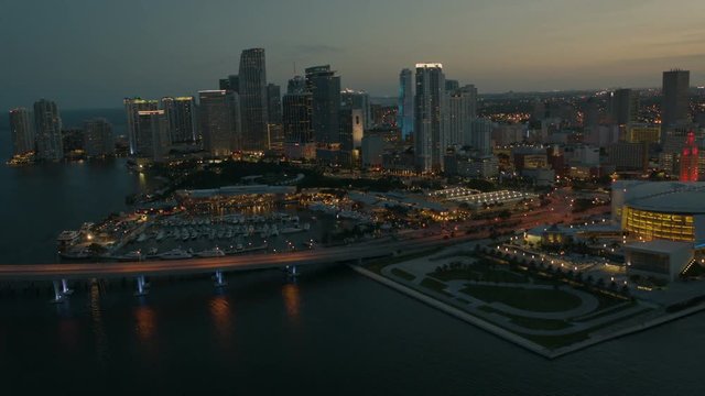 Aerial night view Bayside Marketplace Miami Florida USA