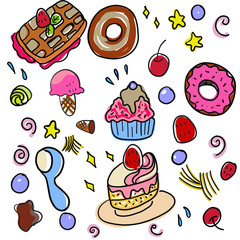 Hand drawn pattern with sweet desserts.food concept