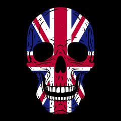 Human skull with United Kingdom flag isolated on black background. British flag.