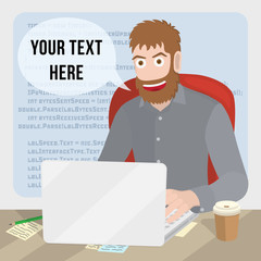 Men with laptop. Programming or coding banner flat design concept.