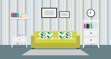 Flat design of living room interior with sofa, pillows, book, picture flame and carpet, vector illustration