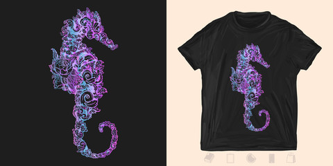 Sea horse. Print for t-shirts and another, trendy apparel design. Symbol of travel, freedom, navigation, sea adventure © intueri