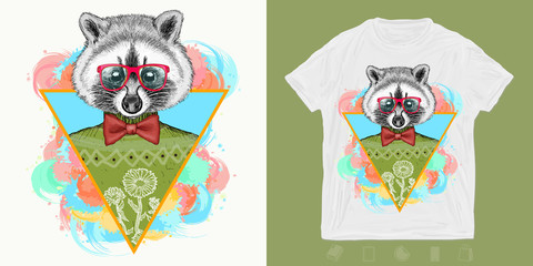 Hipster animals, raccoon. Print for t-shirts and another, trendy apparel