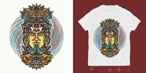 Mayan god. Print for t-shirts and another, trendy apparel design. Ancient aztec totem carved in stone