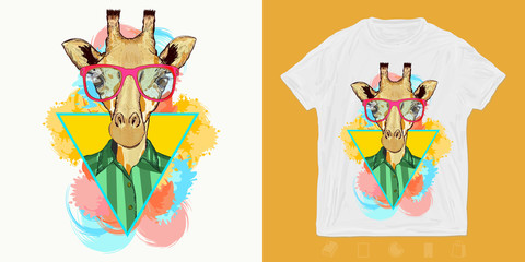 Hipster giraffe, fashion animal . Print for t-shirts and another, trendy apparel design