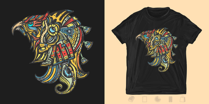 Egyptian god Horus, eye of Ra. Print for t-shirts and another, trendy apparel design. Symbol of ancient civilization