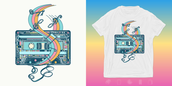 Audio cassette and music notes. Print for t-shirts and another, trendy apparel design. Symbol of old school lifestyle, pop music, disco, rock