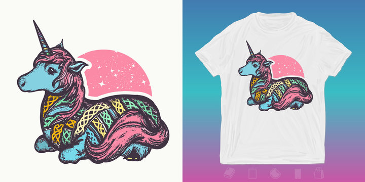 Magic unicorn. Fairy tale print for t-shirts and another, trendy apparel design. Symbol of dreams