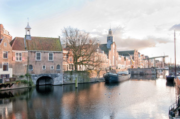 The historic Delfshaven, harbour port and the Pilgrim Fathers of Rotterdam, The Netherlands.
