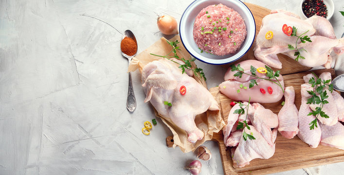 Different types of fresh chicken meat.