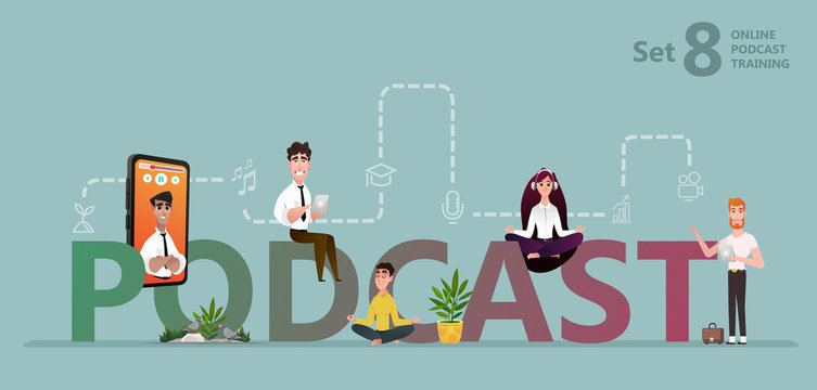 Podcast concept illustration. Students watching recorded podcast training with professor talking from tablet. Online education, podcast, training - vector flat illustration