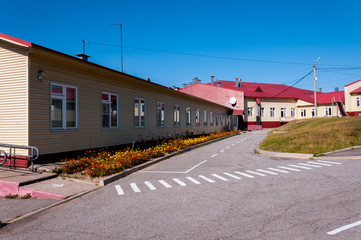 Fototapeta na wymiar Administrative building in Sikachi-Alyana settlement