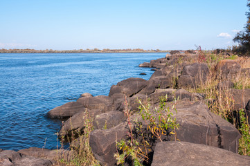 Basalt boulders on bank of  Amur River, below the village of Sikachi-Alyan