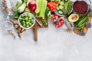 Vegetables, fruit, cereals, beans,  superfoods for vegan, vegetarian, clean eating diet