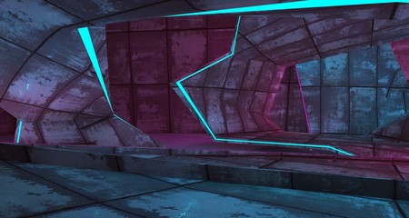 Abstract  Concrete Futuristic Sci-Fi interior With Pink And Blue Glowing Neon Tubes . 3D illustration and rendering.