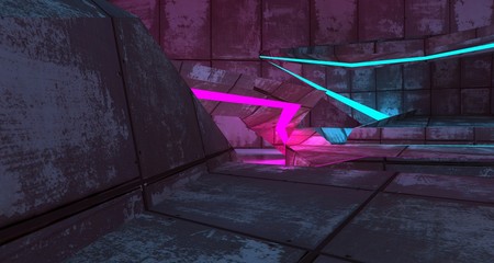 Abstract  Concrete Futuristic Sci-Fi interior With Pink And Blue Glowing Neon Tubes . 3D illustration and rendering.