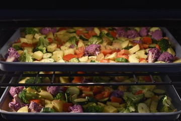 colorful vegetables roasting in oven