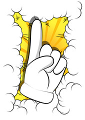 Vector cartoon hand making a point. Illustrated hand expression, gesture on comic book background.