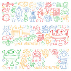 Vector set of space elements icons in doodle style. Painted, colorful, pictures on a piece of paper on white background.