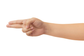 Human hand in reach out one's hand and counting number two or gun sign gesture isolate on white background with clipping path, High resolution and low contrast for retouch or graphic design