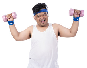 Fototapeta na wymiar portrait of fat young happy man with dumbbells looking a camera
