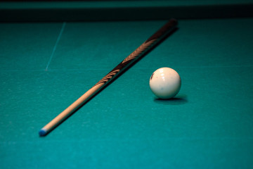 cue and white balls for Russian Billiards are on table waiting for players and judges. competitions in sports, Hobbies, leisure for friends and colleagues.