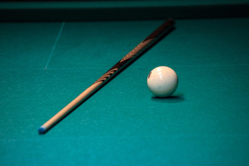 cue and white balls for Russian Billiards are on table waiting for players and judges. competitions...