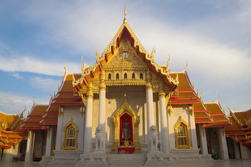 Fototapeta premium On the territory of the Buddhist temple of Wat Benchamabophit (Marble Temple). Bangkok, Thailand