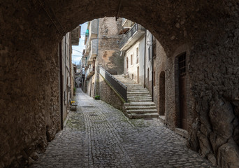 Fototapeta na wymiar Orvinio (Italy) - A small and charming medieval village of only 387 inhabitants, inserted in the club of the most beautiful villages in Italy; province of Rieti. Here the historical center in stone.