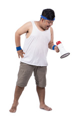 portrait of fat young man open his mouth by with isolated background