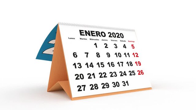 monthly sheets passing in a desk calendar for 2020. new year 2020 calendar in spanish. Week starts on monday
