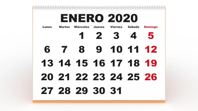 monthly sheets passing in a desk calendar for 2020. new year 2020 calendar in spanish. Week starts on monday