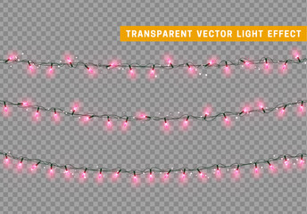 Christmas lights isolated realistic design elements. Xmas glowing lights. Garlands, Christmas decorations.