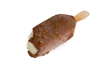 Chocolate popsicle Ice cream isolated on white background with selective focus and crop fragment