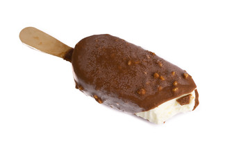 Chocolate popsicle Ice cream isolated on white background with selective focus and crop fragment