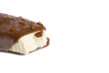 Chocolate popsicle Ice cream isolated on white background with selective focus and crop fragment