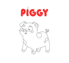 Coloring cute character piggy. Funny pig isolated on white background